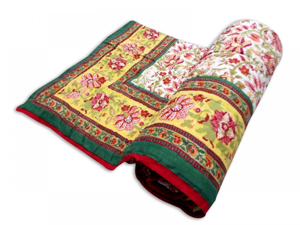 Double Bed Jaipuri Quilt / Razai Hand Block Printing Floral Design Size 90*108